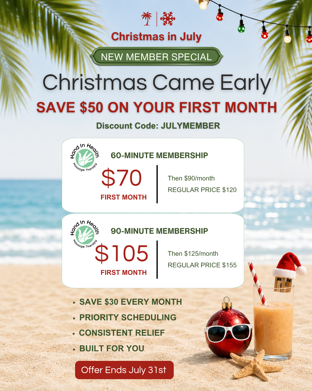 Christmas in July new member offer at Hand in Health. Save $50 on your first session.