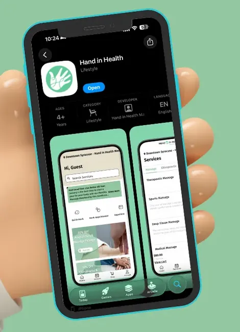 The Hand in Health app on a phone, showing online booking for massage and other services
