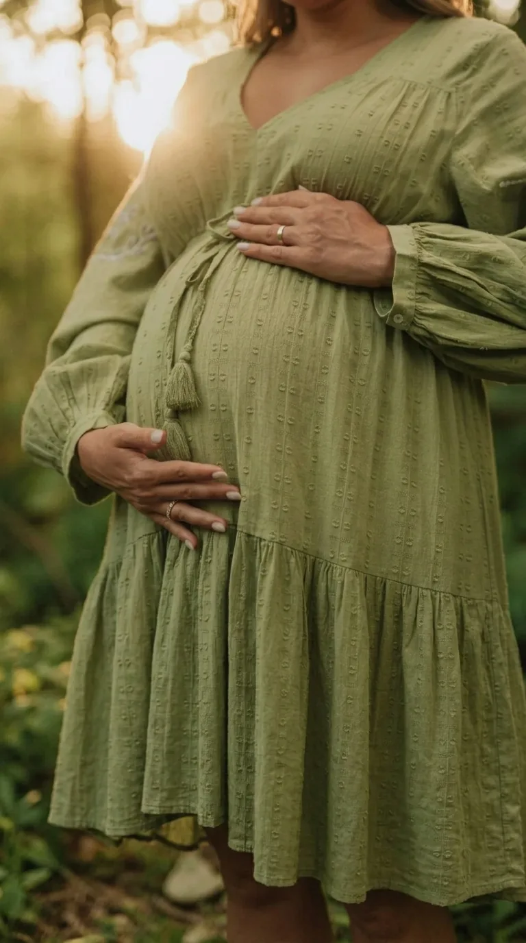 Pregnant person in a loose green dress standing outdoors with both hands resting on their belly