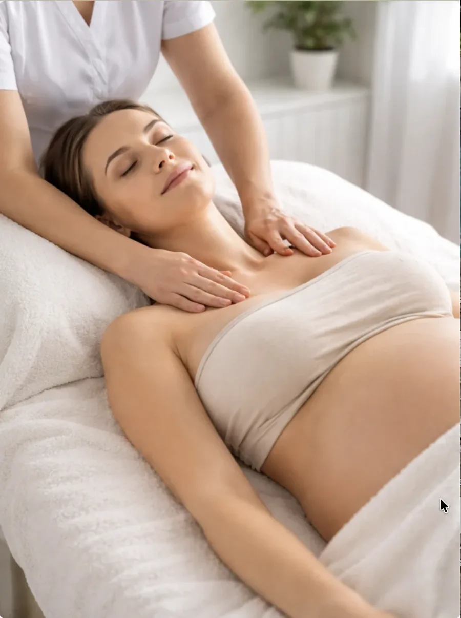 Massage therapist working on the neck and shoulders of a pregnant patient during prenatal massage